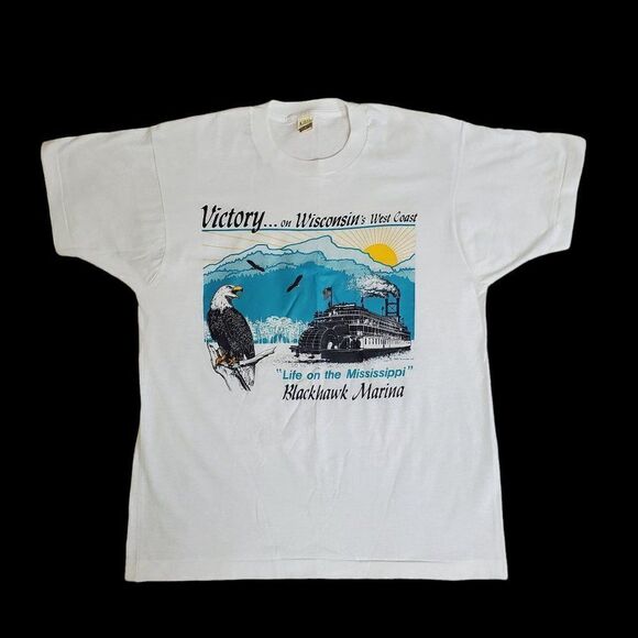 Vintage Mississippi River WI Blackhawk Marina Graphic T-shirt Steamboat Eagle L - Picture 7 of 7